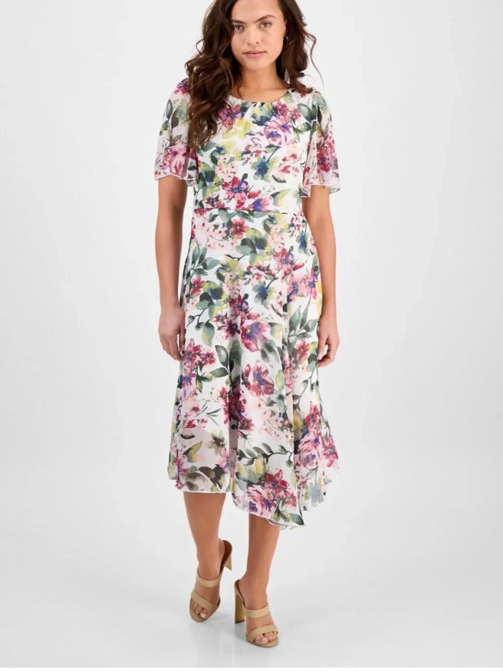 Floral Chiffon Midi Dress With Flutter Sleeves & Scoop Neckline By Connected